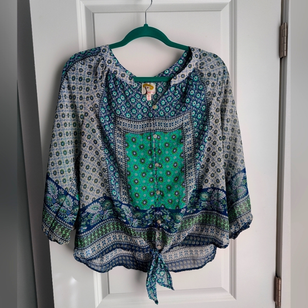 Fig and flower, flowing green and blue(s) floral pattern, square pattern, blouse